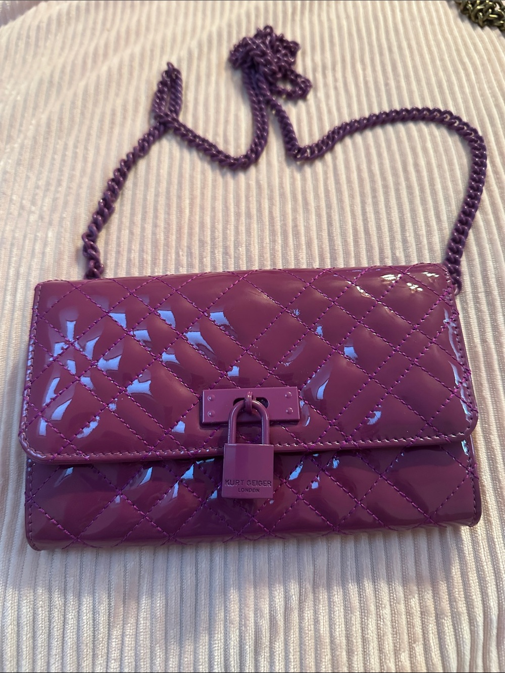 Kurt Geiger Quilted Patent Magenta Crossbody with Chain Strap